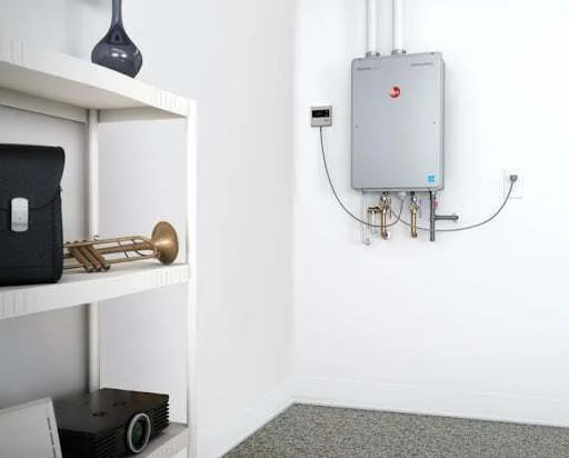 Tankless water heater installed on wall in home