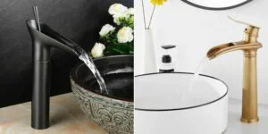 Elegant side-by-side bathroom faucets: a matte black waterfall faucet on the left, and a sleek gold curved faucet on the right