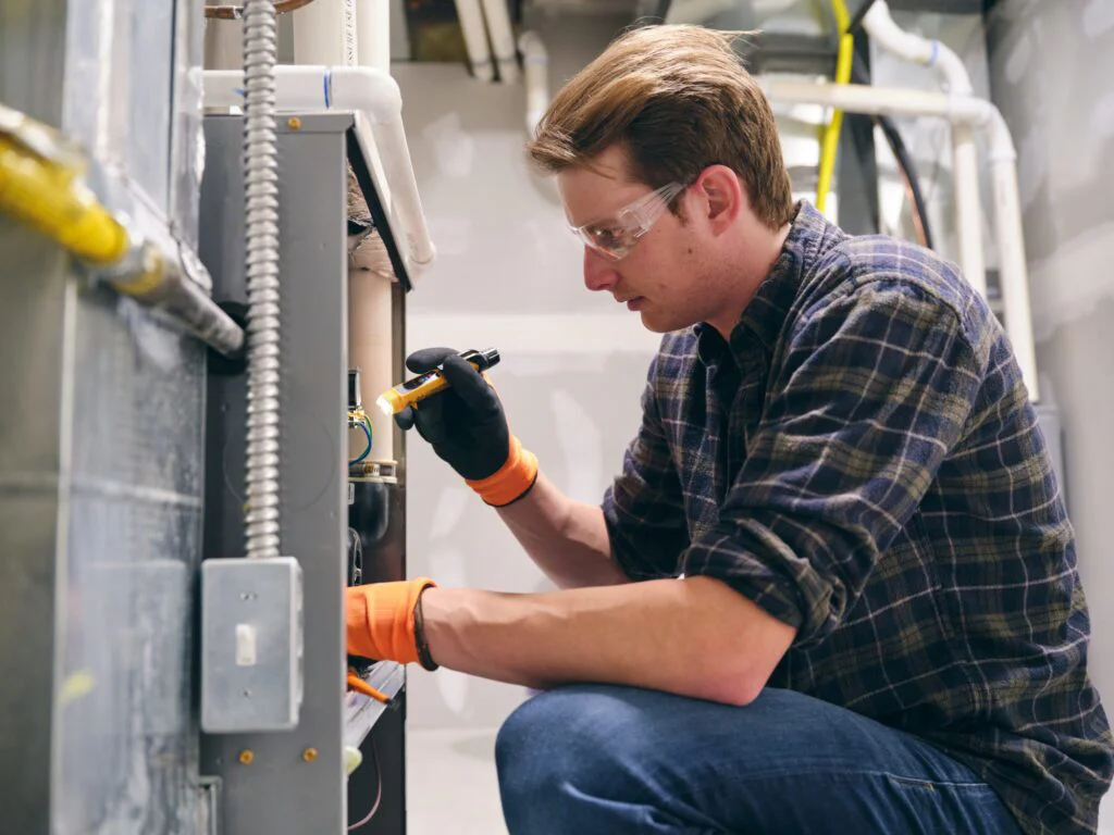 A technician in safety glasses and work gloves inspects equipment with a flashlight